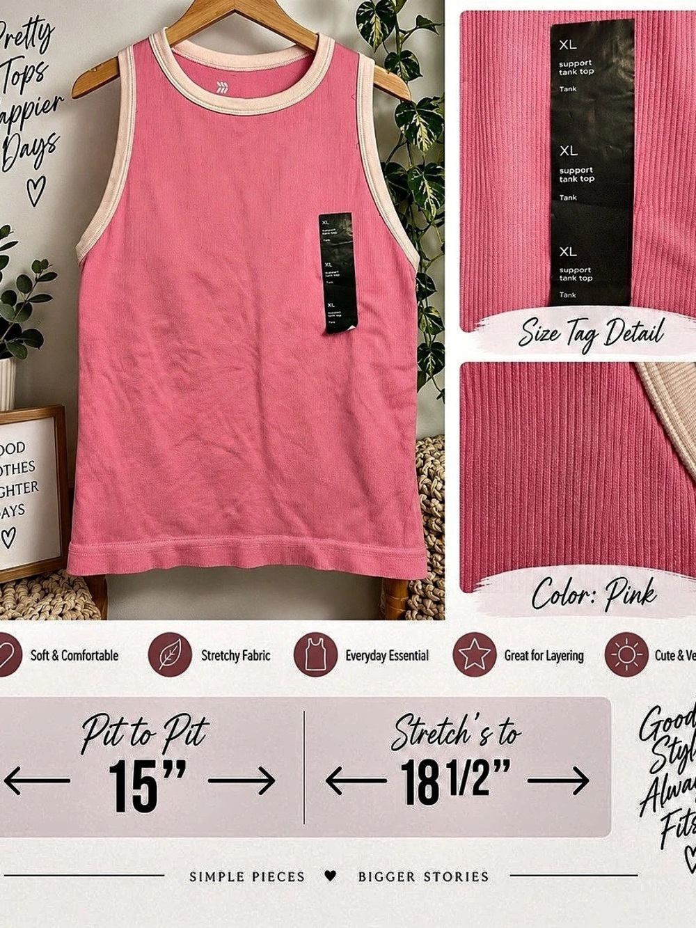 All in Motion Women's Modal Ribbed Support Tank Top Pink XL